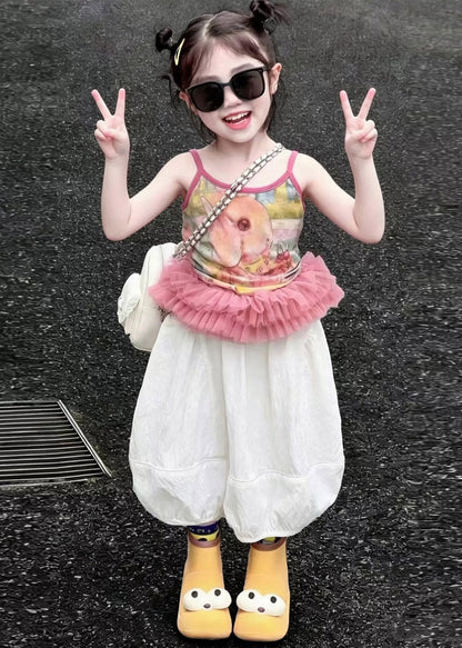 Style O-neck Patchwork Kids Vest and Crop Lantern Pants Two Pieces Set Sleeveless