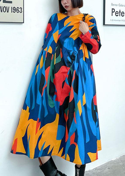 Style O-neck Pockets Print Fall Patchwork Dresses Long Sleeve