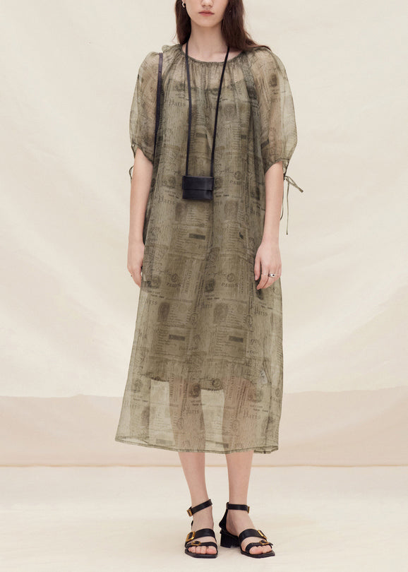 Style O Neck Print Lace Up Silk Dress Summer
