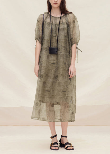 Style O Neck Print Lace Up Silk Dress Summer