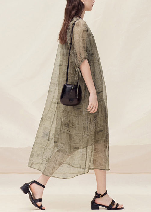 Style O Neck Print Lace Up Silk Dress Summer