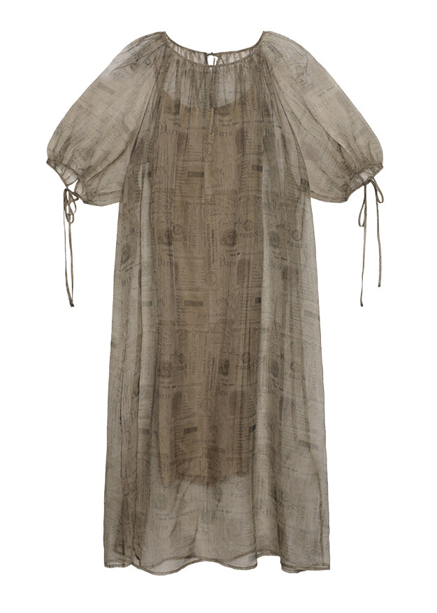 Style O Neck Print Lace Up Silk Dress Summer