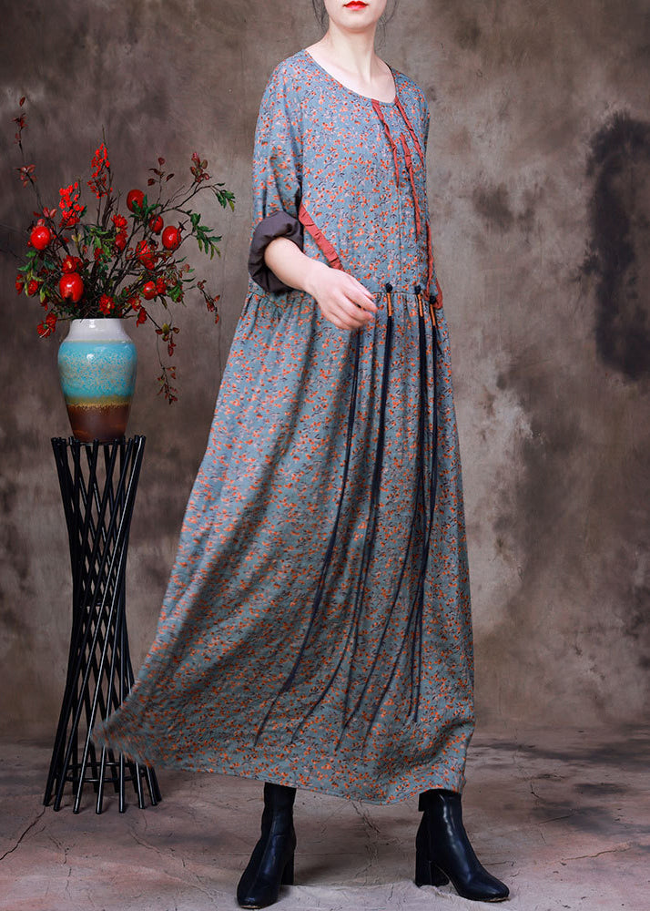 Style O-neck Print Wrinkled Silk Ankle Dress Long Sleeve