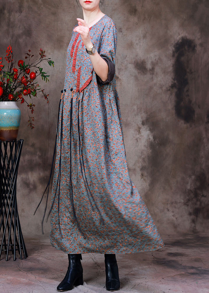 Style O-neck Print Wrinkled Silk Ankle Dress Long Sleeve
