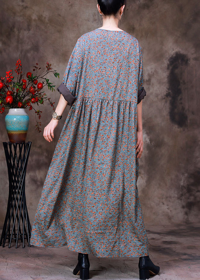 Style O-neck Print Wrinkled Silk Ankle Dress Long Sleeve