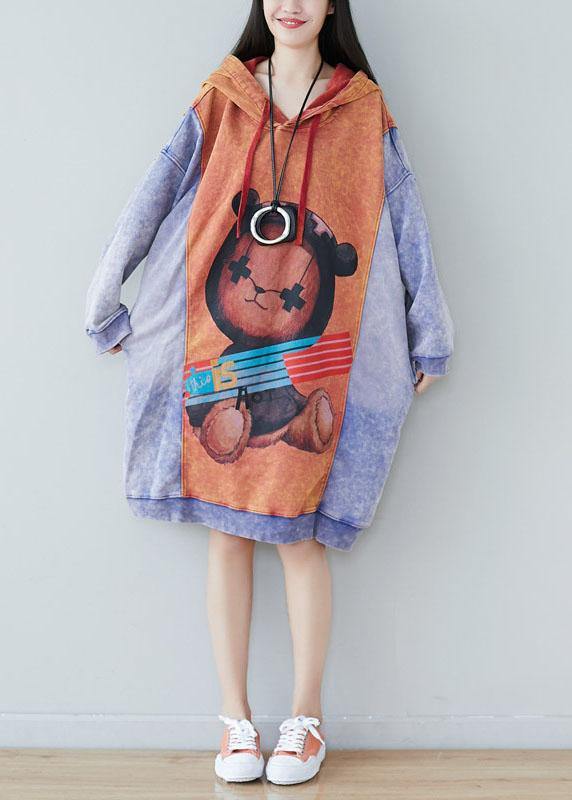 Style Orange Hooded Print Drawstring Fall Sweatshirts Dress