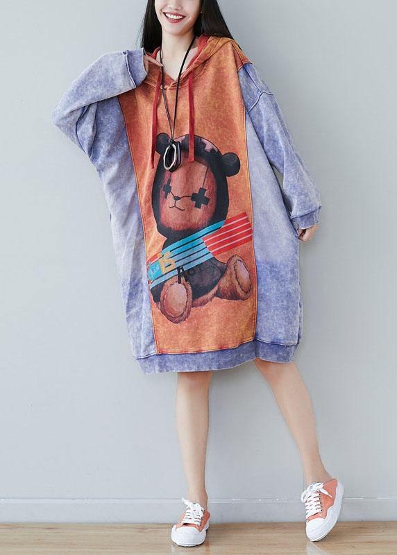 Style Orange Hooded Print Drawstring Fall Sweatshirts Dress