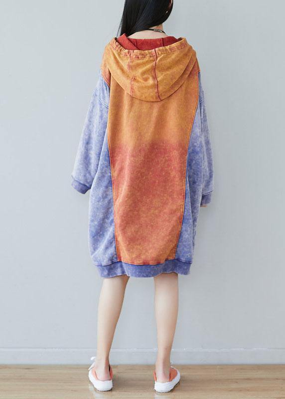 Style Orange Hooded Print Drawstring Fall Sweatshirts Dress