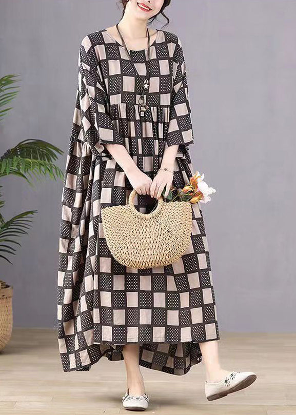 Style Black O-neck Plaid Print Wrinkled Maxi Dresses Bracelet Sleeve