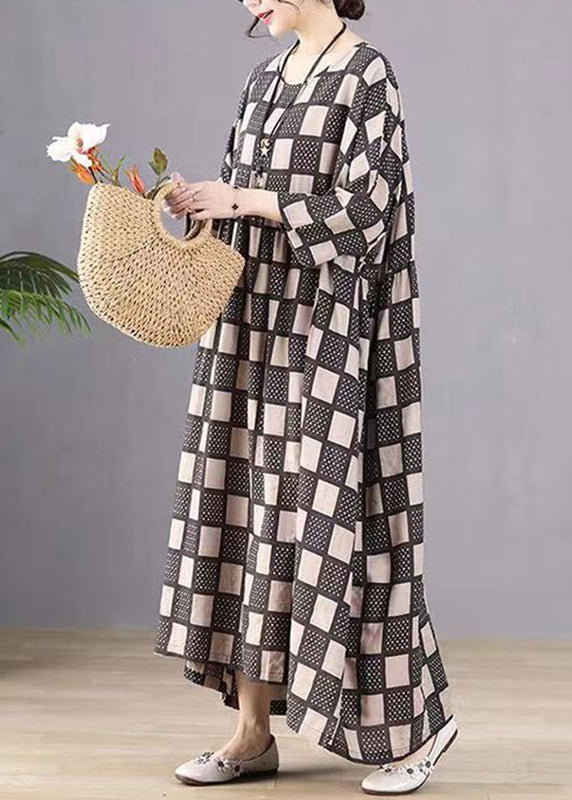 Style Black O-neck Plaid Print Wrinkled Maxi Dresses Bracelet Sleeve