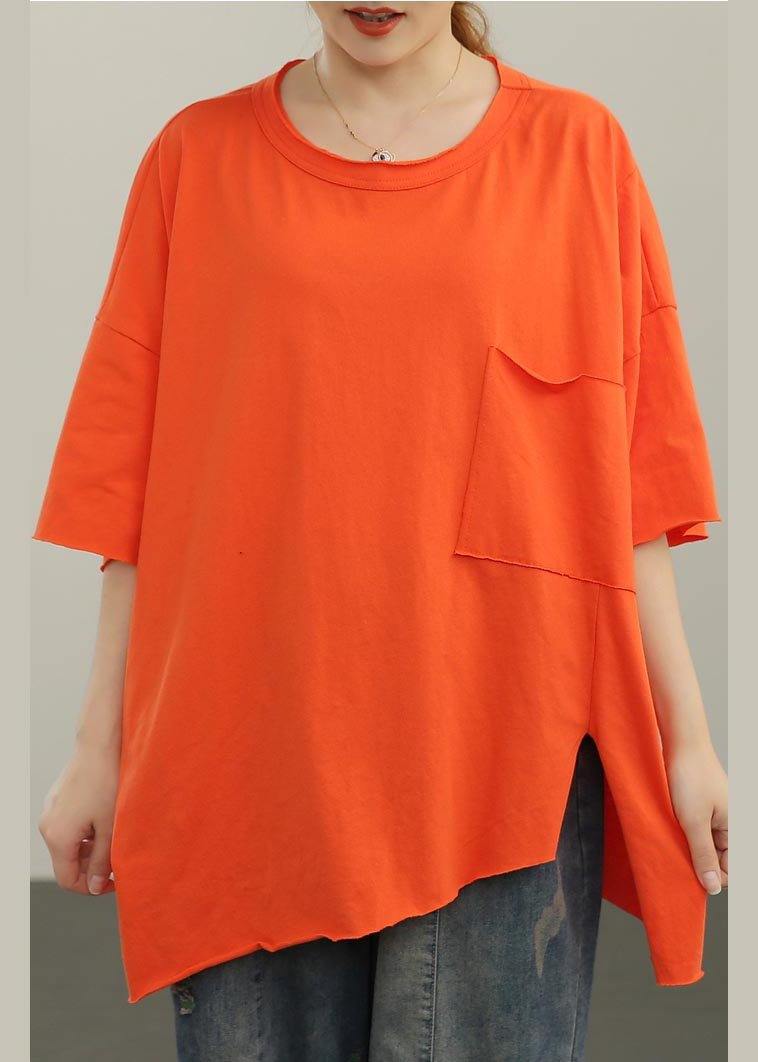 Style Orange O-neck Pockets Cotton Tops Summer