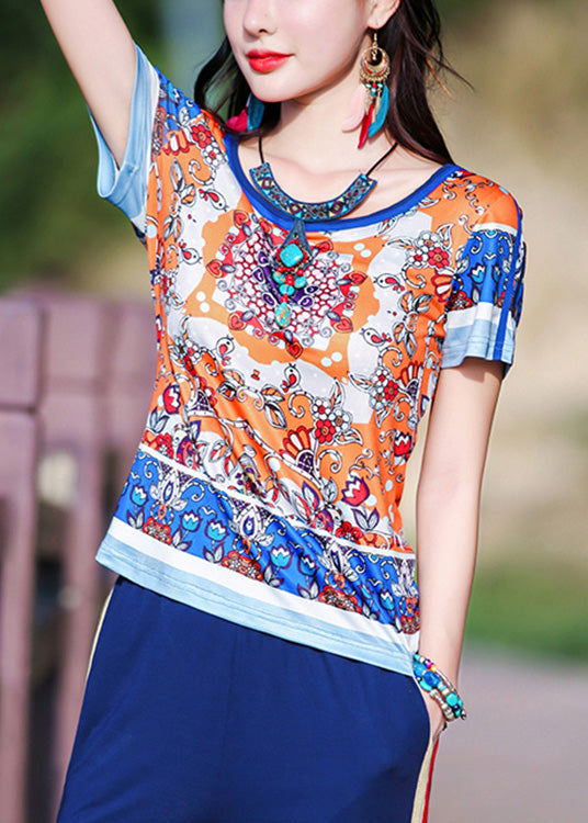 Style Orange O-neck Print T Shirt Short Sleeve
