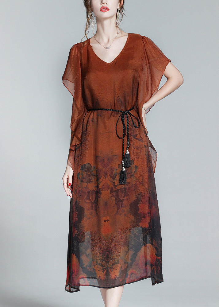 Style Orange O-neck Print Tie Waist Silk Holiday Long Dress Short Sleeve