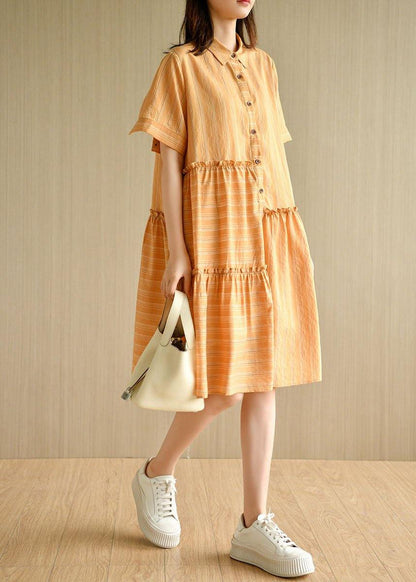 Style Orange Striped Button Asymmetrical Design Ruffled Summer Vacation Dress