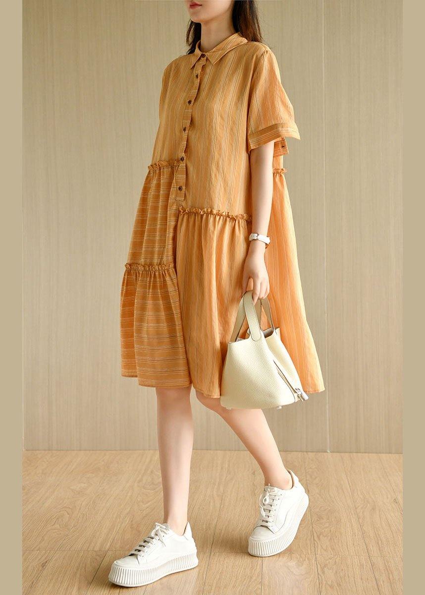 Style Orange Striped Button Asymmetrical Design Ruffled Summer Vacation Dress
