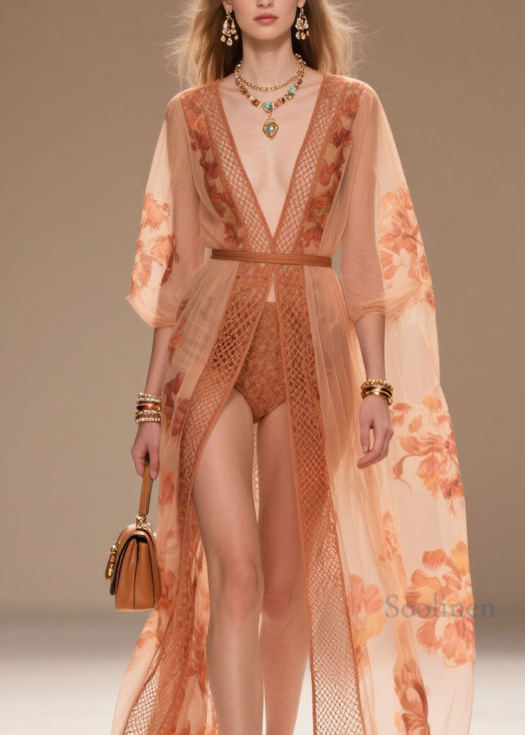 Style Orange V Neck Print Chiffon Sun Protection Cardigans Summer