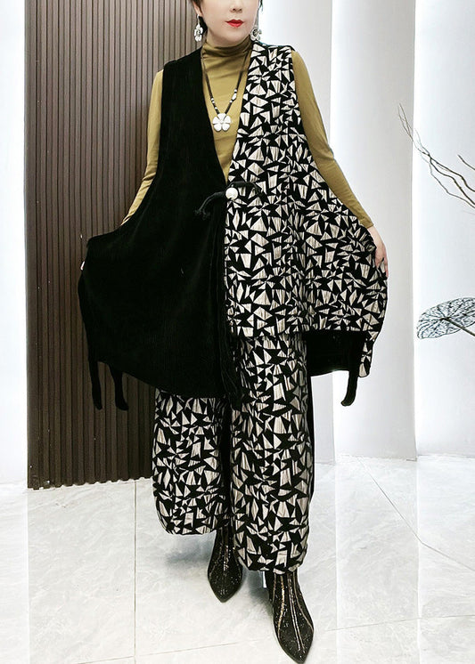 Style Patchwork Print Waistcoat and Wide Leg Pants Two Piece Set Winter