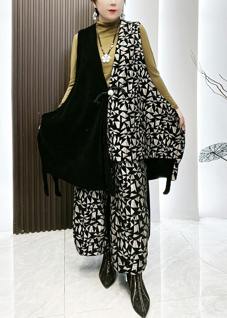Style Patchwork Print Waistcoat and Wide Leg Pants Two Piece Set Winter