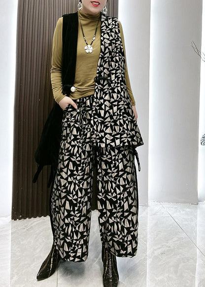 Style Patchwork Print Waistcoat and Wide Leg Pants Two Piece Set Winter