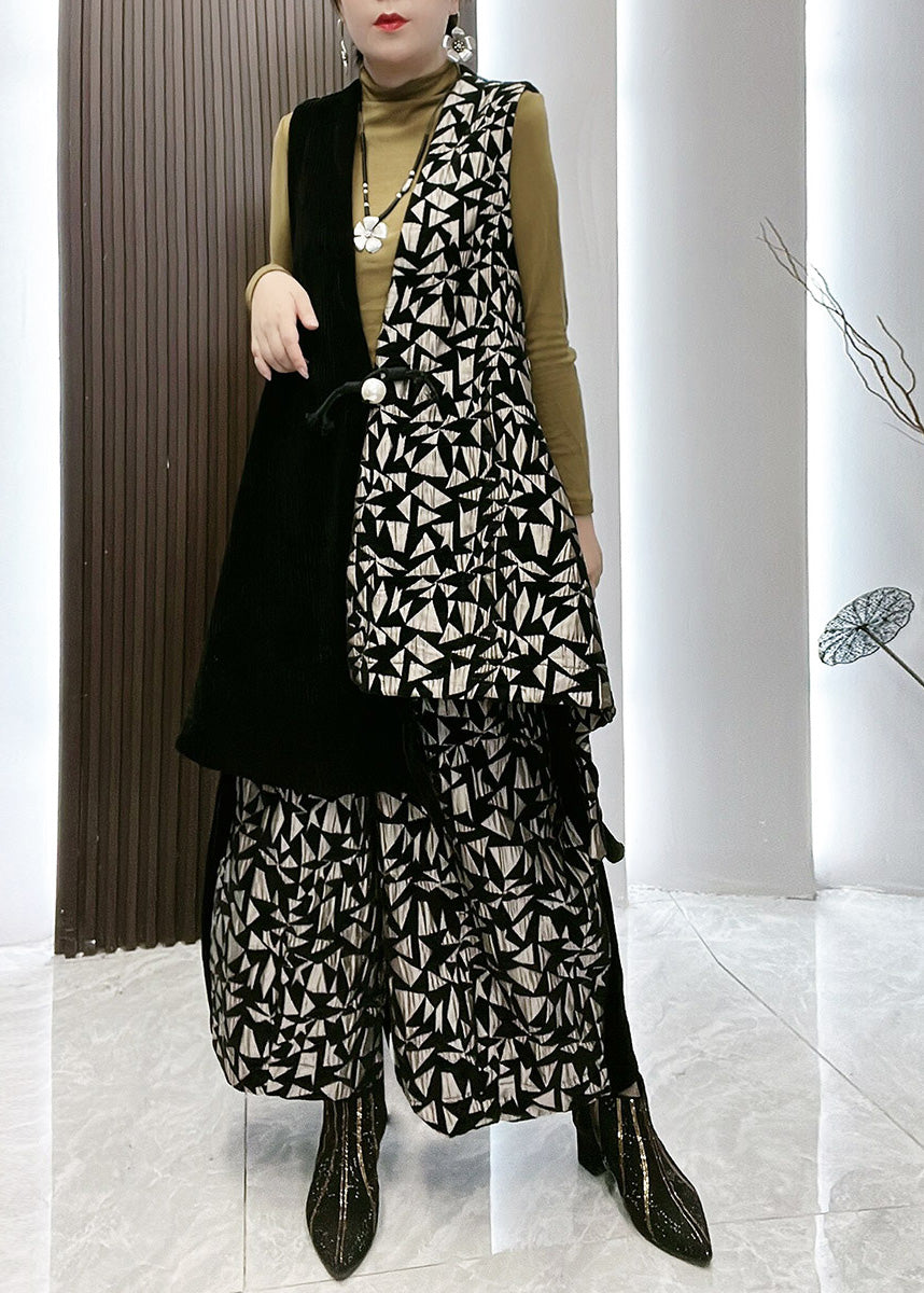 Style Patchwork Print Waistcoat and Wide Leg Pants Two Piece Set Winter