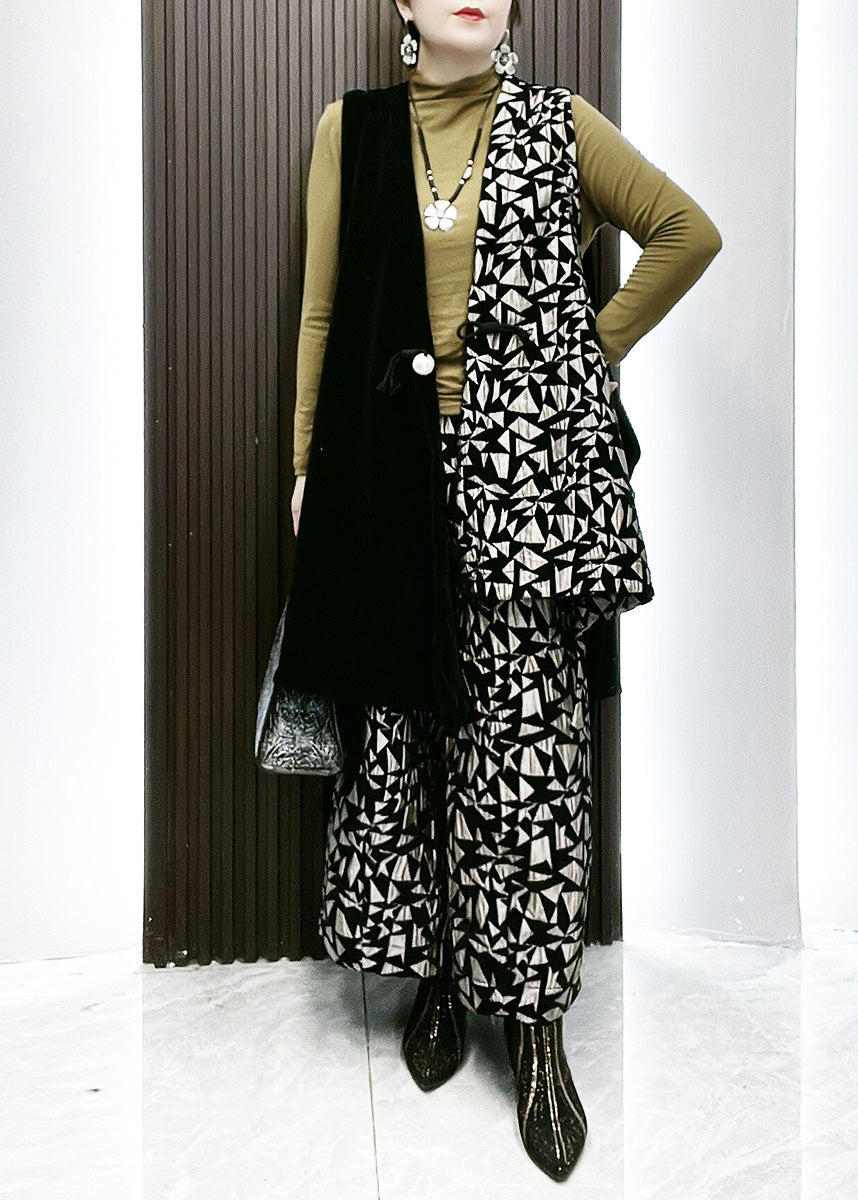 Style Patchwork Print Waistcoat and Wide Leg Pants Two Piece Set Winter