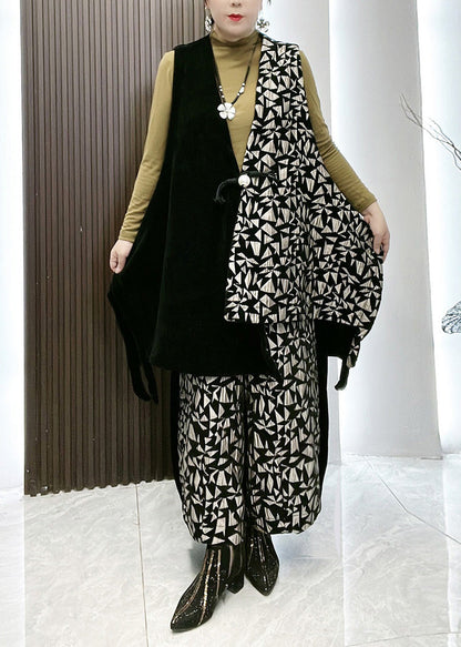 Style Patchwork Print Waistcoat and Wide Leg Pants Two Piece Set Winter