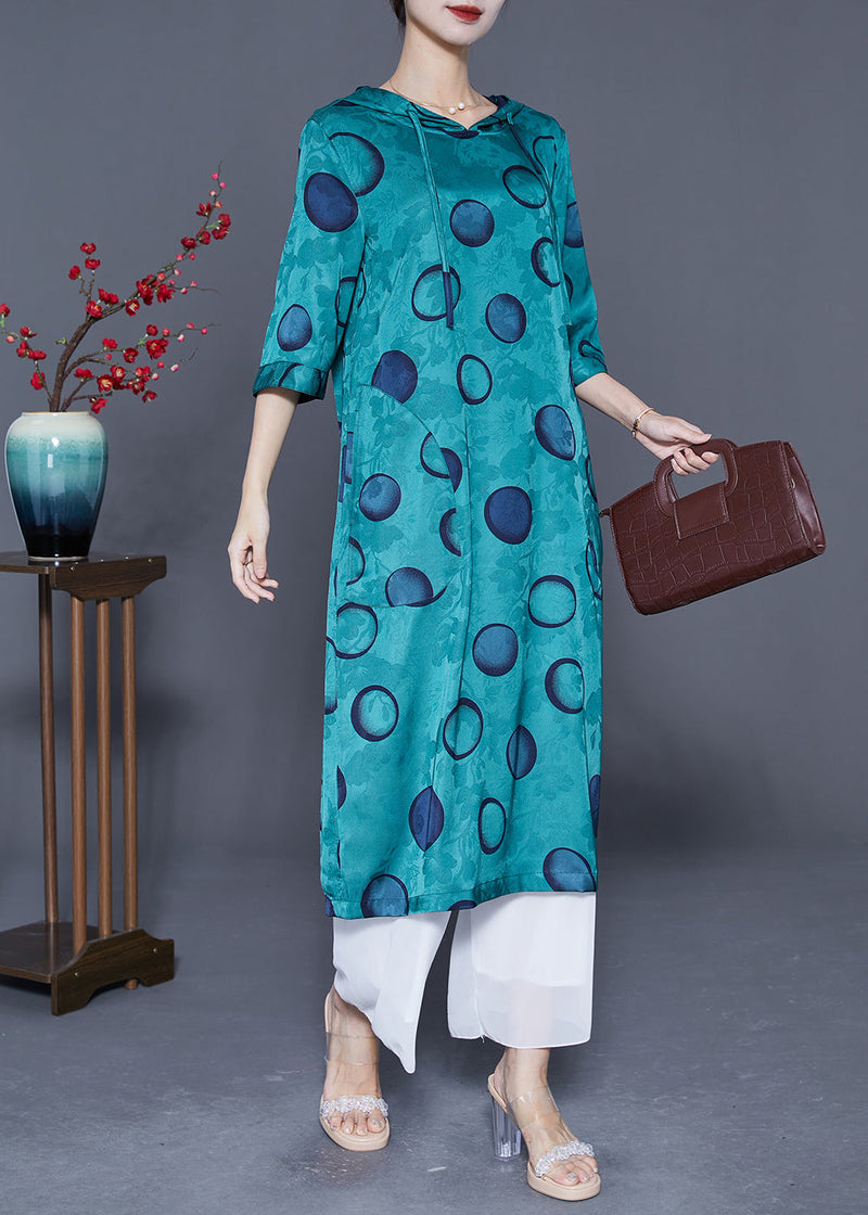 Style Peacock Blue Hooded Print Wear on Both Sides Silk Long Dress Summer