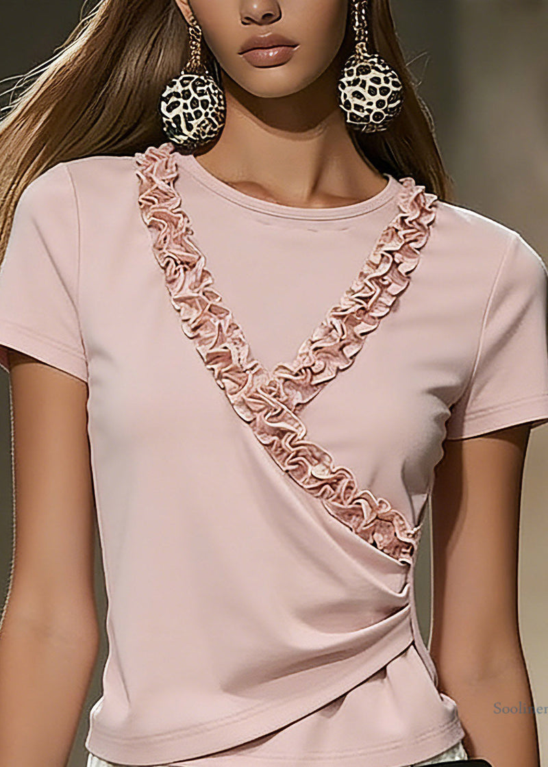 Style Pink Asymmetrical Ruffled Patchwork Top Short Sleeve