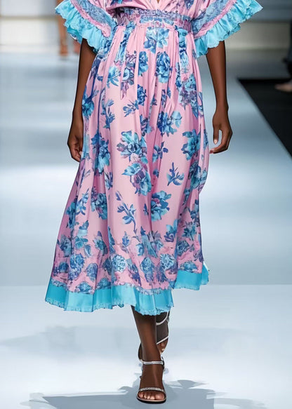Style Pink Deep-v Neck Print Silk Dress Summer