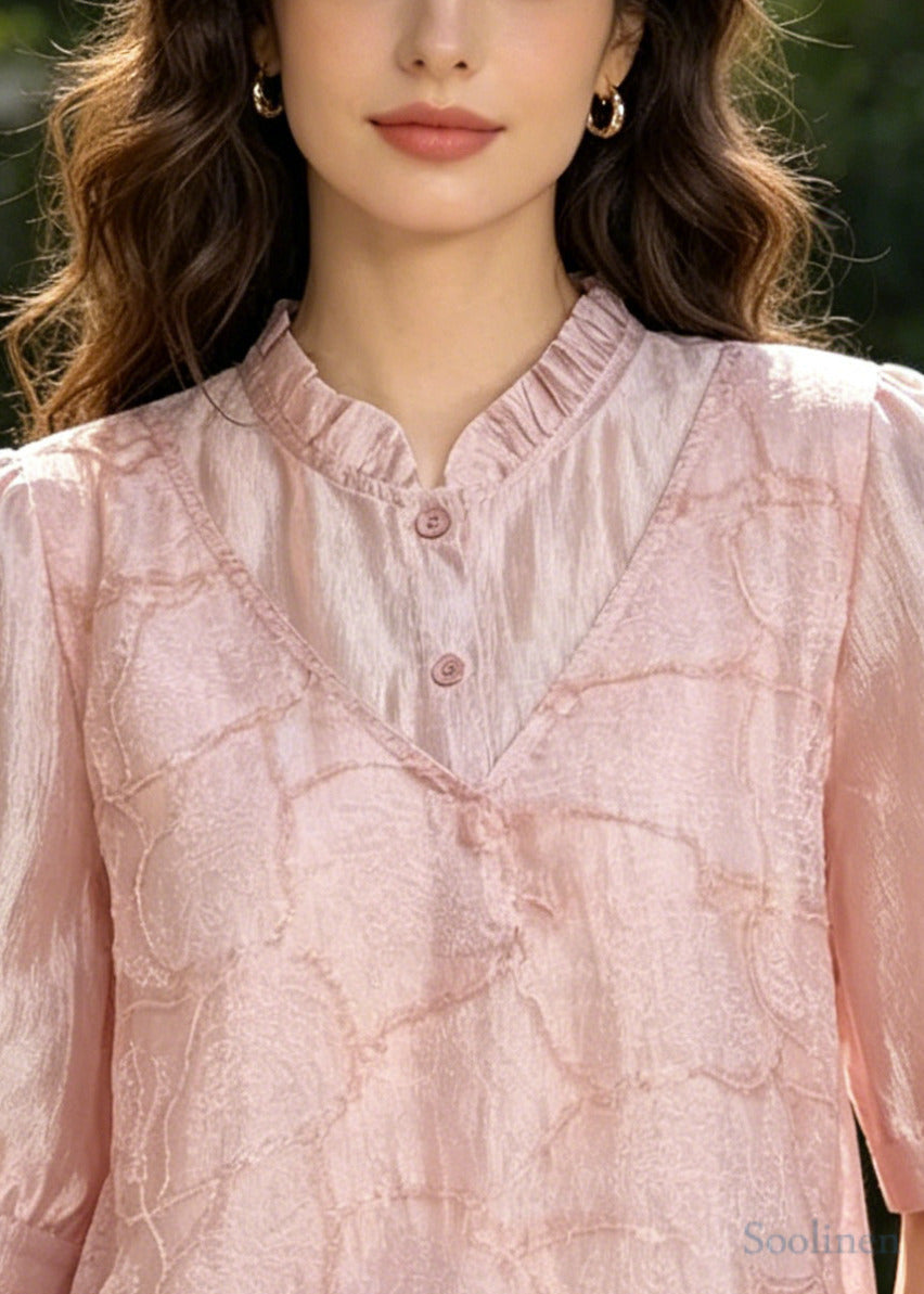 Style Pink Embroidered U Neck Silk Fake Two Piece Shirt Top Summer