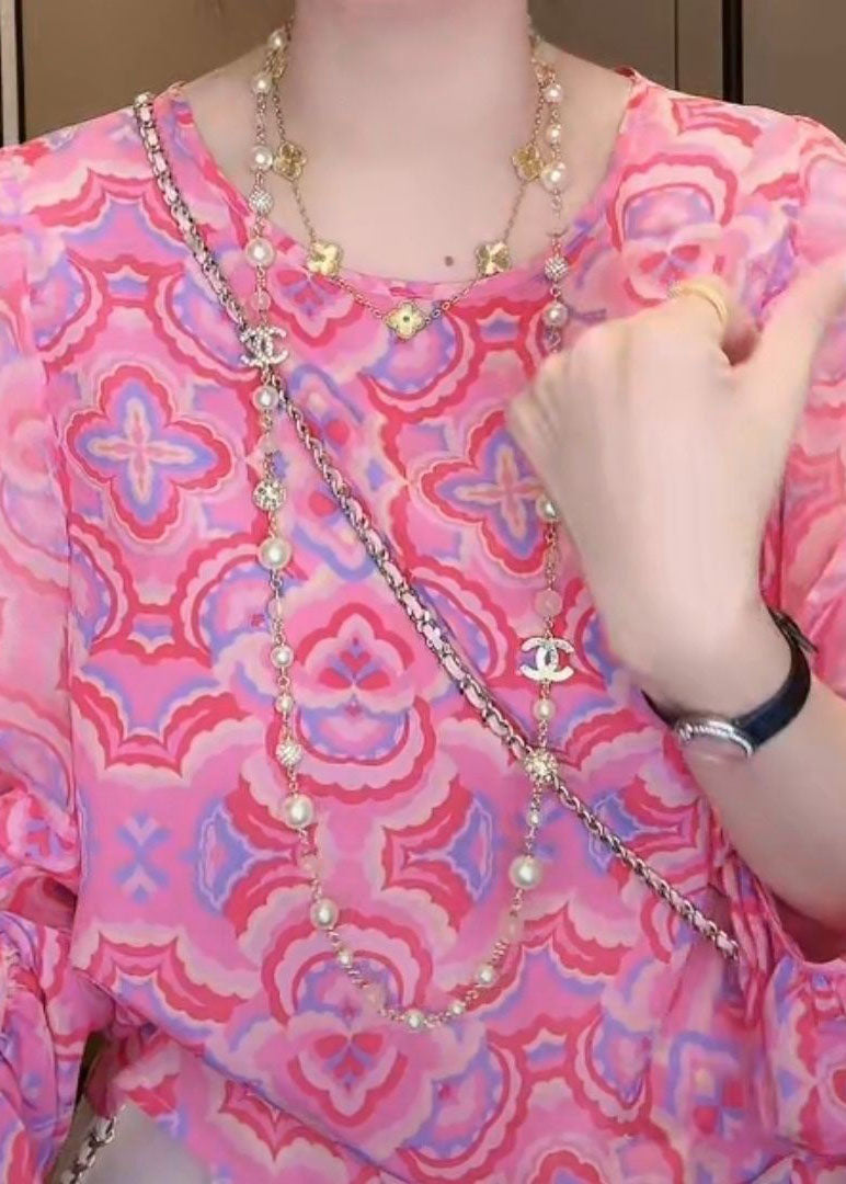 Style Pink O-neck Print Patchwork Chiffon Tops Bracelet Sleeve