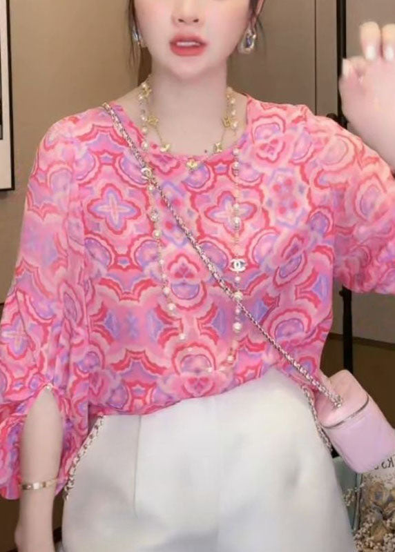 Style Pink O-neck Print Patchwork Chiffon Tops Bracelet Sleeve