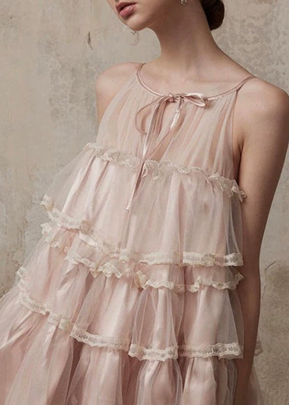 Style Pink O-neck Ruffled Lace Patchwork Tulle Mid Dress Summer