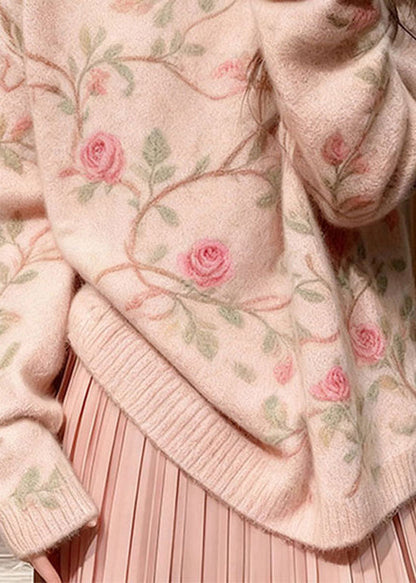 Style Pink O Neck Thick Knit Sweater Tops Winter