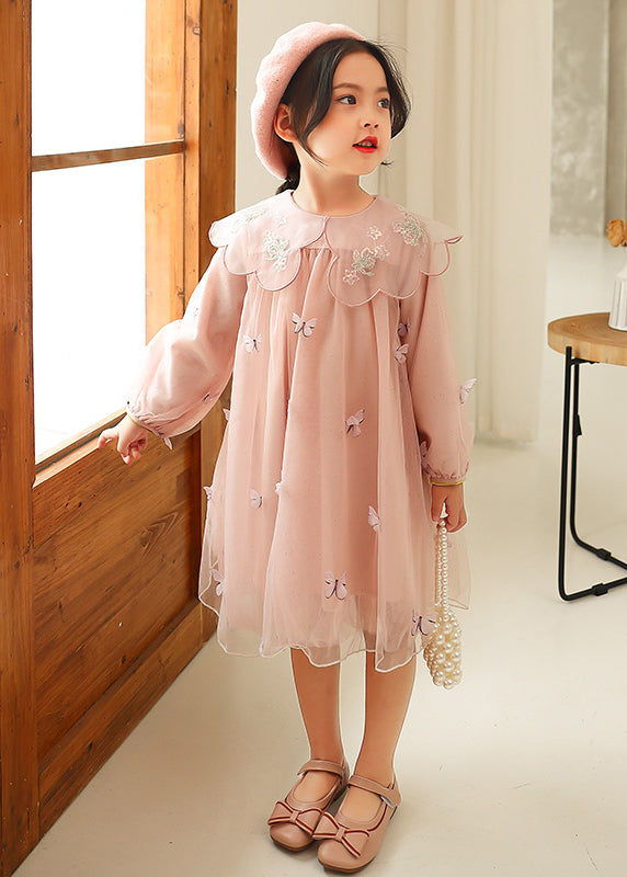 Style Pink Peter Pan Collar Butterfly Patchwork Tulle Baby Dress Fall