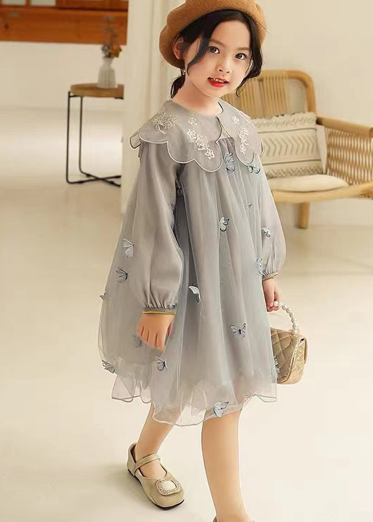 Style Pink Peter Pan Collar Butterfly Patchwork Tulle Baby Dress Fall