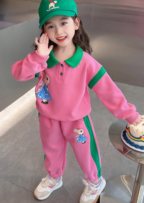 Style Pink Peter Pan Collar Patchwork Animal Kids Top and Pants Two Pieces Set Spring