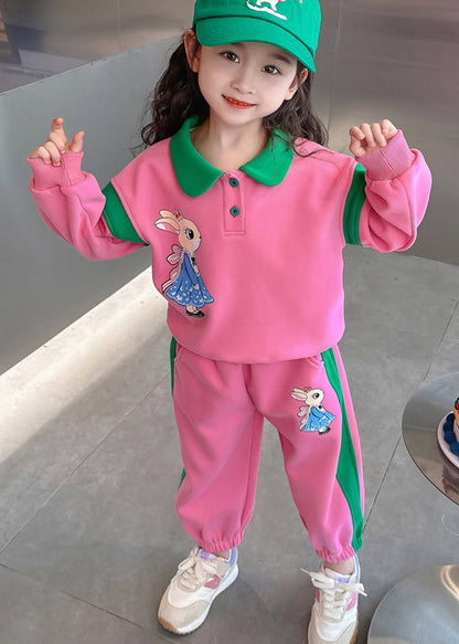 Style Pink Peter Pan Collar Patchwork Animal Kids Top and Pants Two Pieces Set Spring