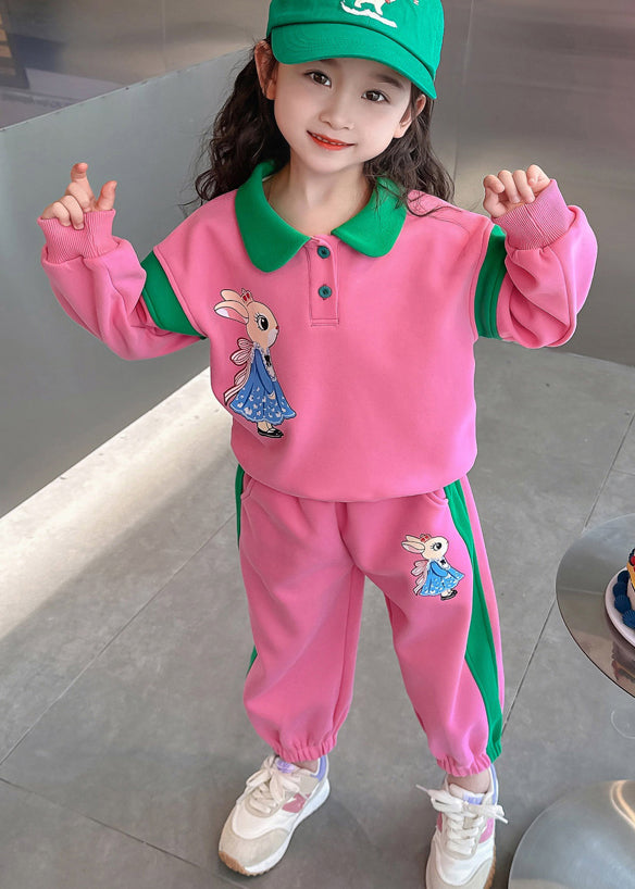 Style Pink Peter Pan Collar Patchwork Animal Kids Top and Pants Two Pieces Set Spring