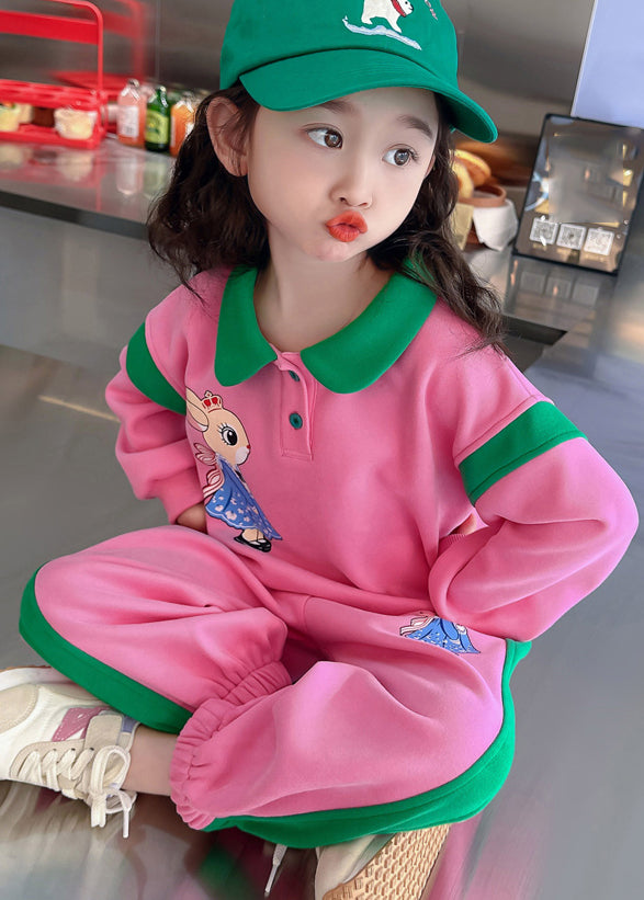 Style Pink Peter Pan Collar Patchwork Animal Kids Top and Pants Two Pieces Set Spring
