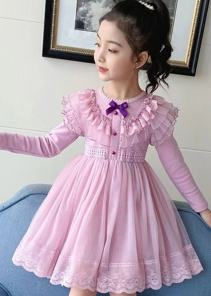 Style Pink Ruffled Lace Patchwork Warm Fleece Kids Dresses Winter
