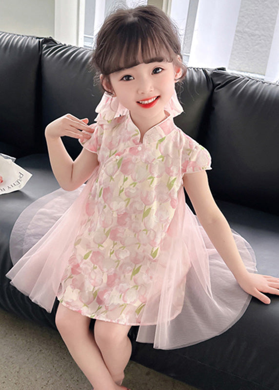 Style Pink Stand Collar Print Tulle Patchwork Button Mid Dress Short Sleeve