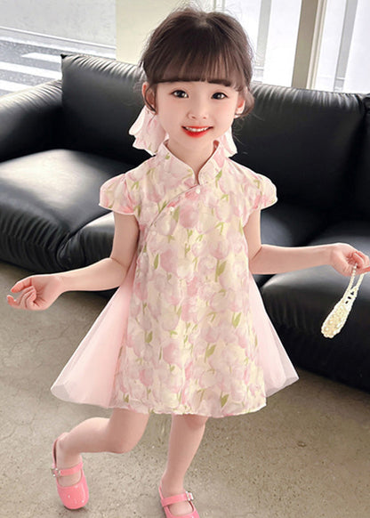 Style Pink Stand Collar Print Tulle Patchwork Button Mid Dress Short Sleeve
