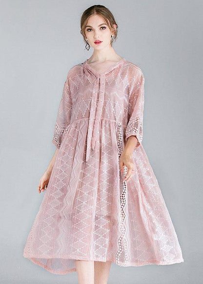 Style Pink Tie Hollow Out Spring Half Sleeve Two Piece Set Clothing