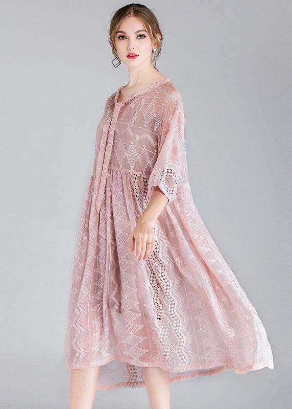 Style Pink Tie Hollow Out Spring Half Sleeve Two Piece Set Clothing