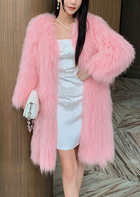 Style Pink V Neck Mink Hair Leather and Fur Long Coats Spring