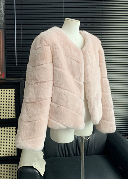Style Pink V Neck Striped Leather and Fur Coats Winter