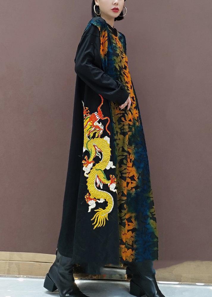 Style Plaid Tunic O Neck Dragon Design Robes Spring Dresses