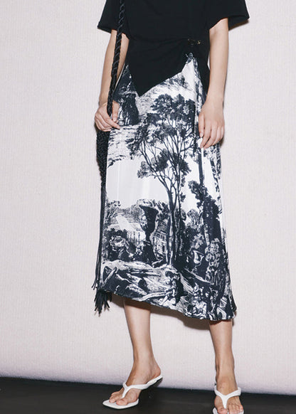 Style Print High Waist Silk a Line Skirts Summer