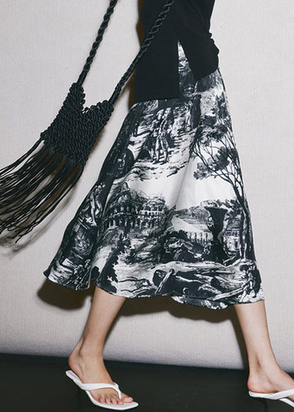Style Print High Waist Silk a Line Skirts Summer